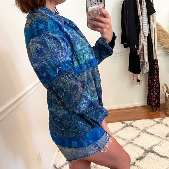 90s Vintage Patchwork Silk Beaded Shirt Jacket S - Picture 3 of 9